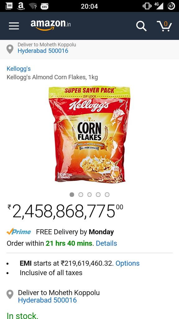 mohethk92's tweet photo. Wow @amazonIN I didn't know my cornflakes would cost me as much as 25 bugatti veyrons!! https://t.co/zSm6KJmtBH https://t.co/jS6jEhOB9L