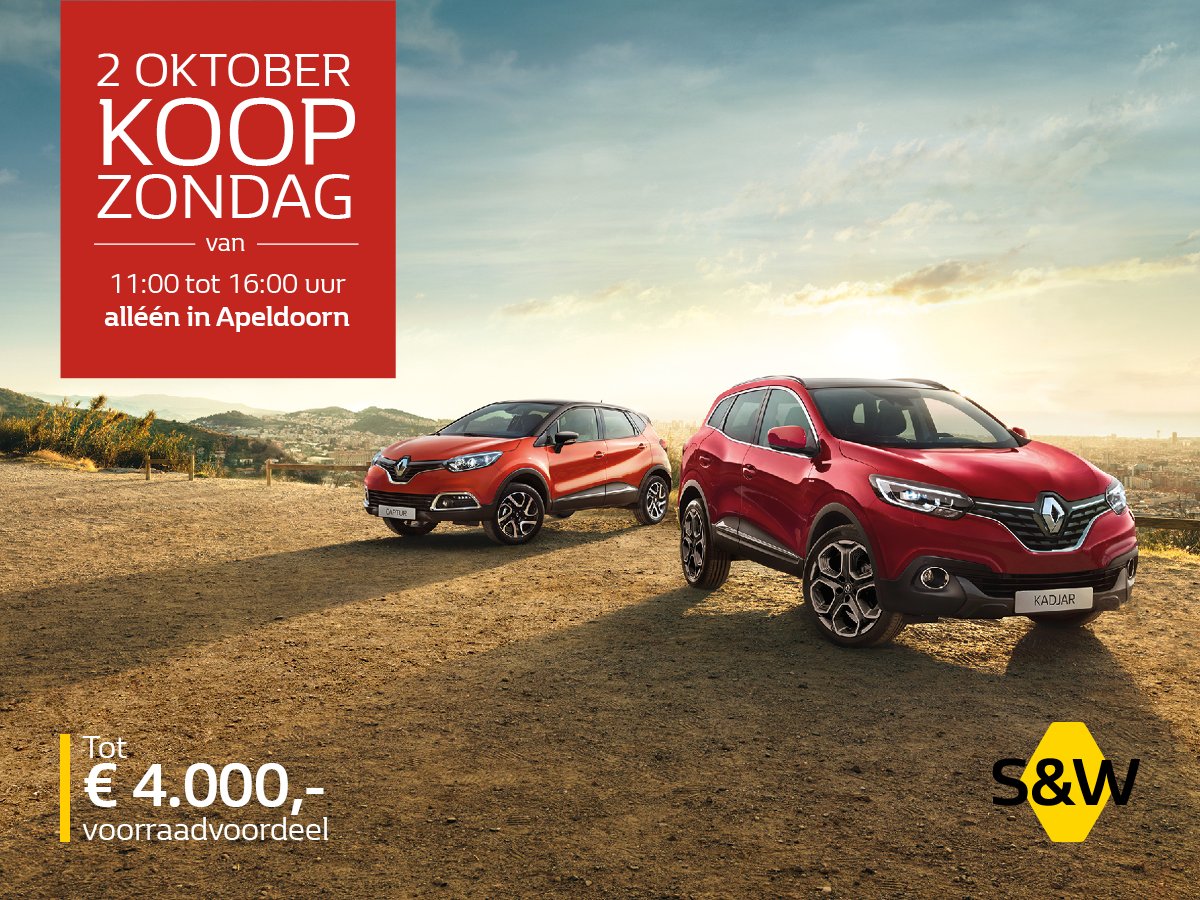 renaultsw's tweet photo. Morgen is het #koopzondag bij #Renault Segerink &amp; Wolbers #Apeldoorn! Je bent van harte welkom van 11:00 tot 16:00 uur. Tot €4.000 voordeel! https://t.co/lZxAMTlRmS