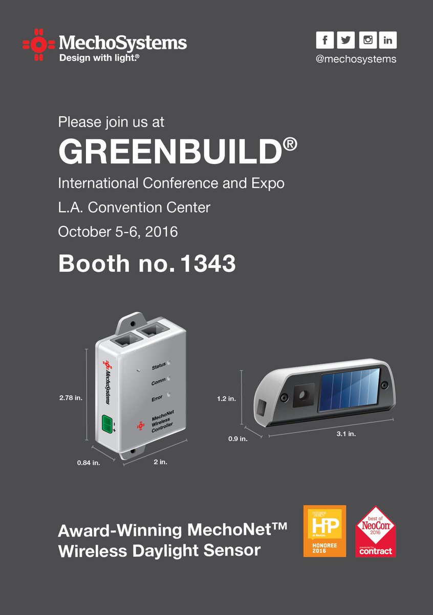 MechoSystems's tweet photo. Please visit us @Greenbuild next week to see the #awardwinning MechoNet™ Wireless Daylight Sensor Controller system. #MechoNetWDS #solar https://t.co/H5DhVKW5xg
