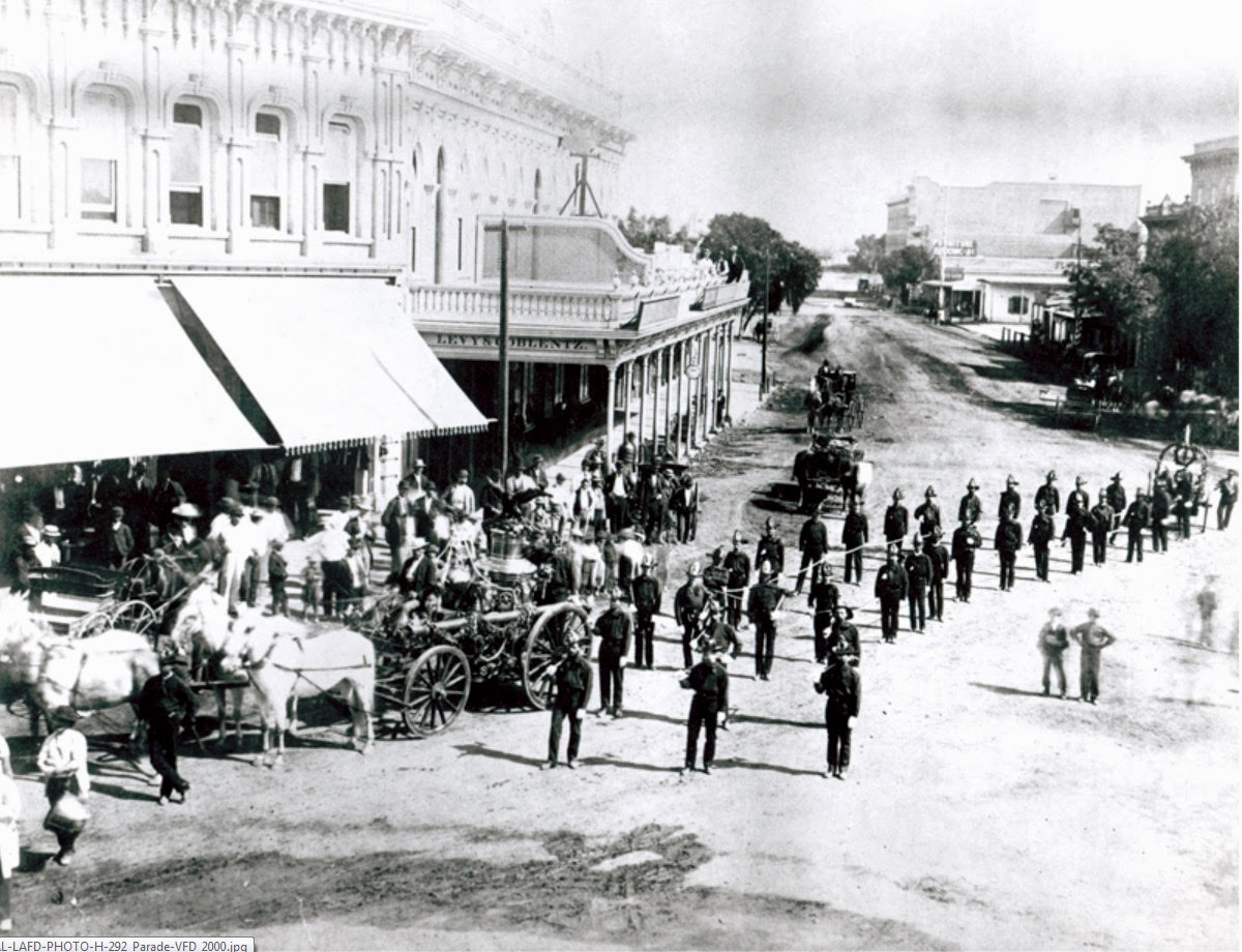 PIOErikScott's tweet photo. Heres the 1st known picture of a @LAFD Fire Company, organized 145 years ago today Sept 30, 1871.  The boys are out celebrating w/ a parade. https://t.co/SsVq58hIHh