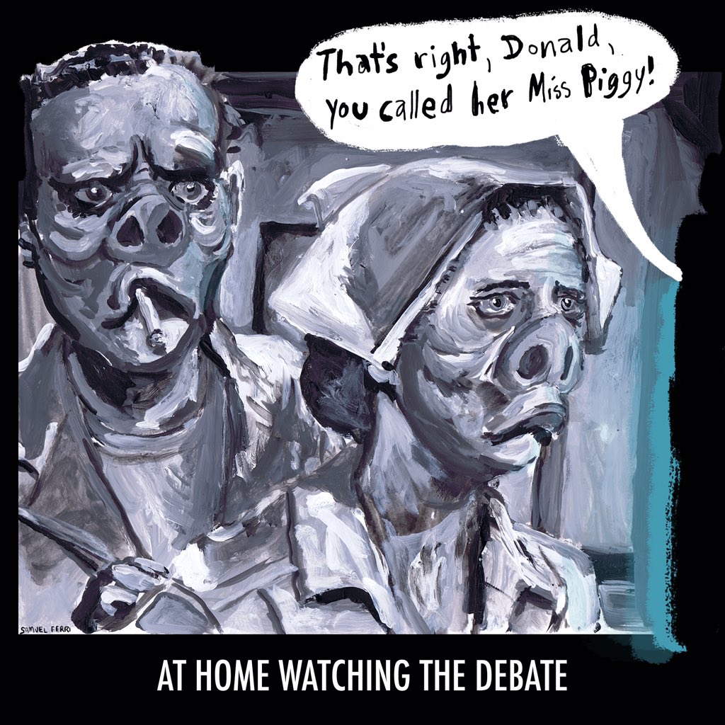 samsinkwell's tweet photo. #debatenight #HofDebate16 #machado #cartoons #illustration #MissPiggy #eyeofthebeholder https://t.co/zSj86oIiEU