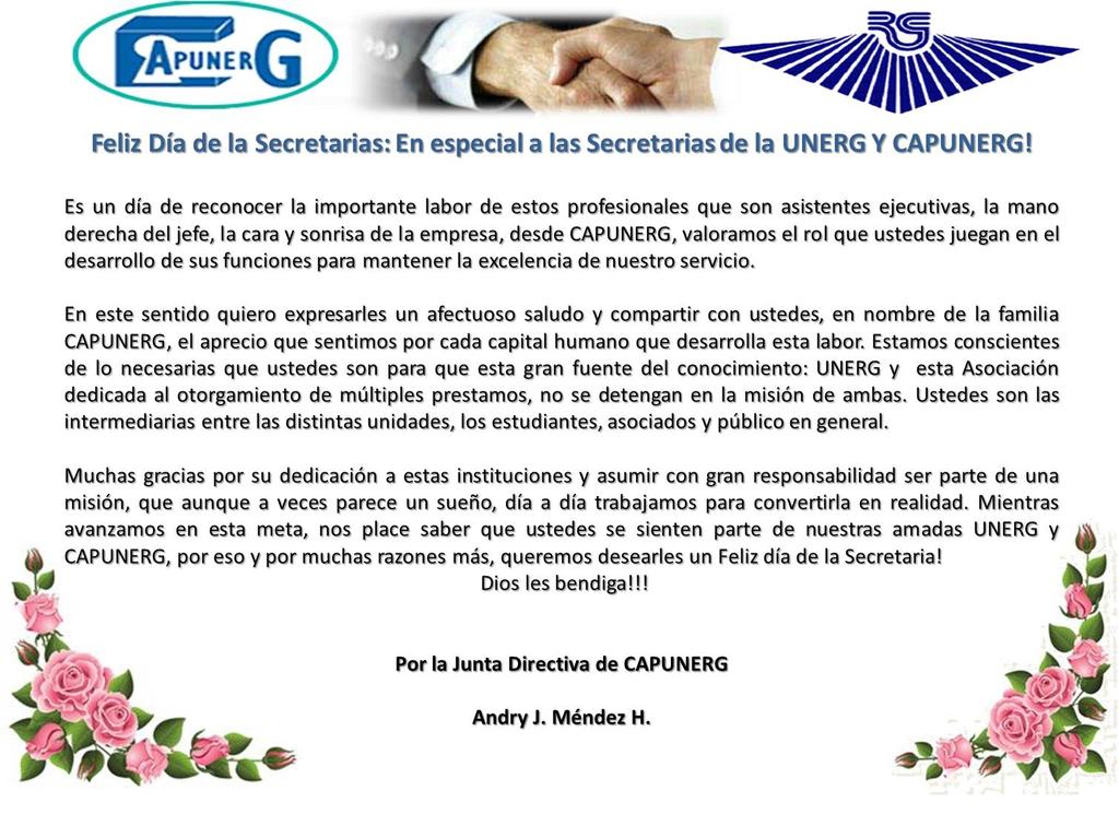 CAPUNERG's tweet photo. FELIZ DÍA DE LAS SECRETARIAS! @UNERGWEB @ysnardi @Unergfm @ariselamedina @claritzasierra @rosgreV @evefer41 https://t.co/ce1XGoEnhx