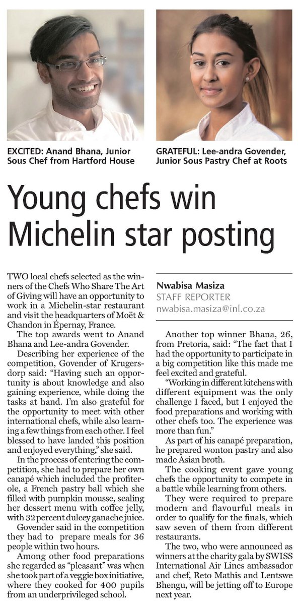 Check out our 2016 Young Chef Award winners in today's <a href="/TheCapeArgus/">Cape Argus</a>! We are so excited to follow their journey - congratulations! #CWSYCA