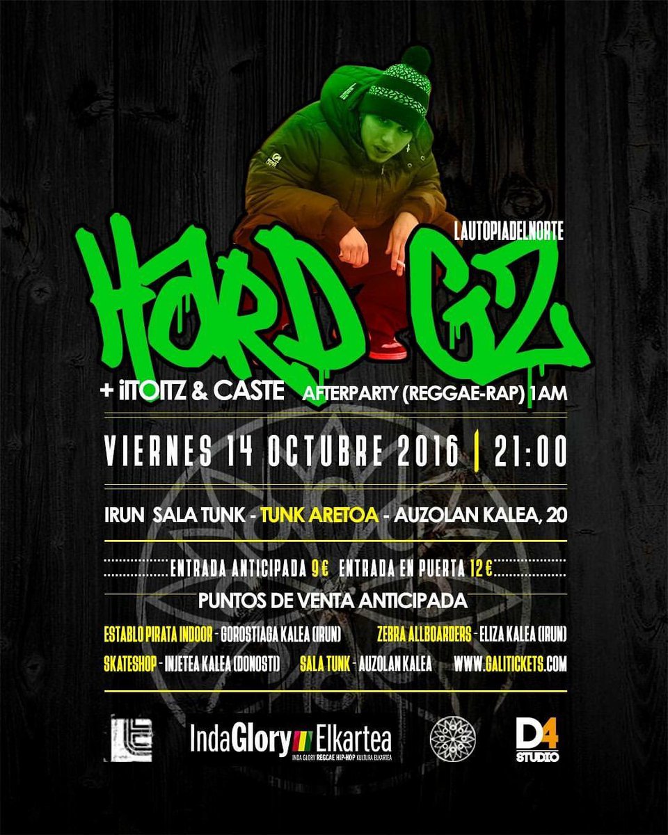- URRIAK 14 OCTUBRE -
HARD GZ + Itoitz &amp; Caste 
<a href="/SalaTunk/">Sala Tunk!</a> (Irun) || 21h - 9/12€ 
📍galitickets.com/evento/irun-gi… #HipHop