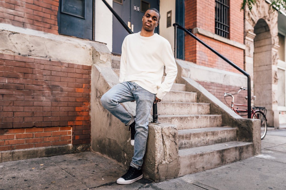 Converse's tweet image. A wardrobe essential worn by a playlist essential @vincestaples. #ConverseEssentials