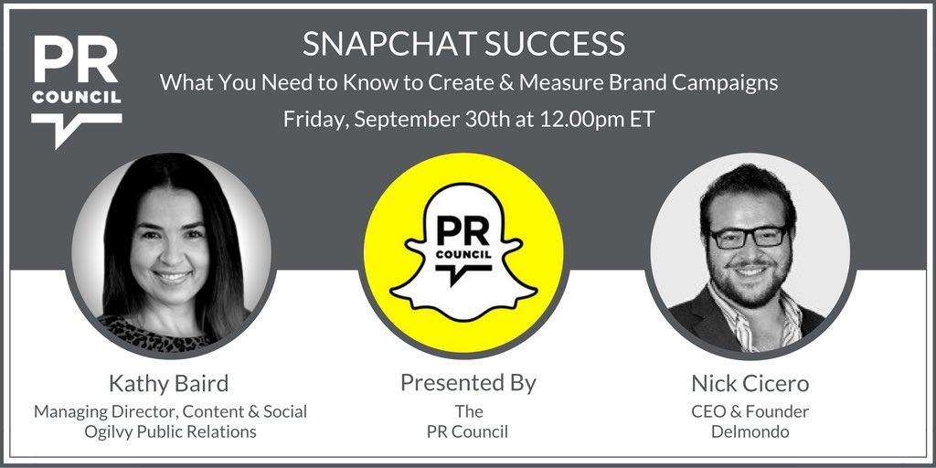 Looking forward to hosting today's <a href="/PRCouncil/">PR Council</a> webinar on <a href="/Snapchat/">Snapchat</a> with <a href="/kathymbaird/">Kathy Baird</a> <a href="/ogilvypr/">Ogilvy PR</a>