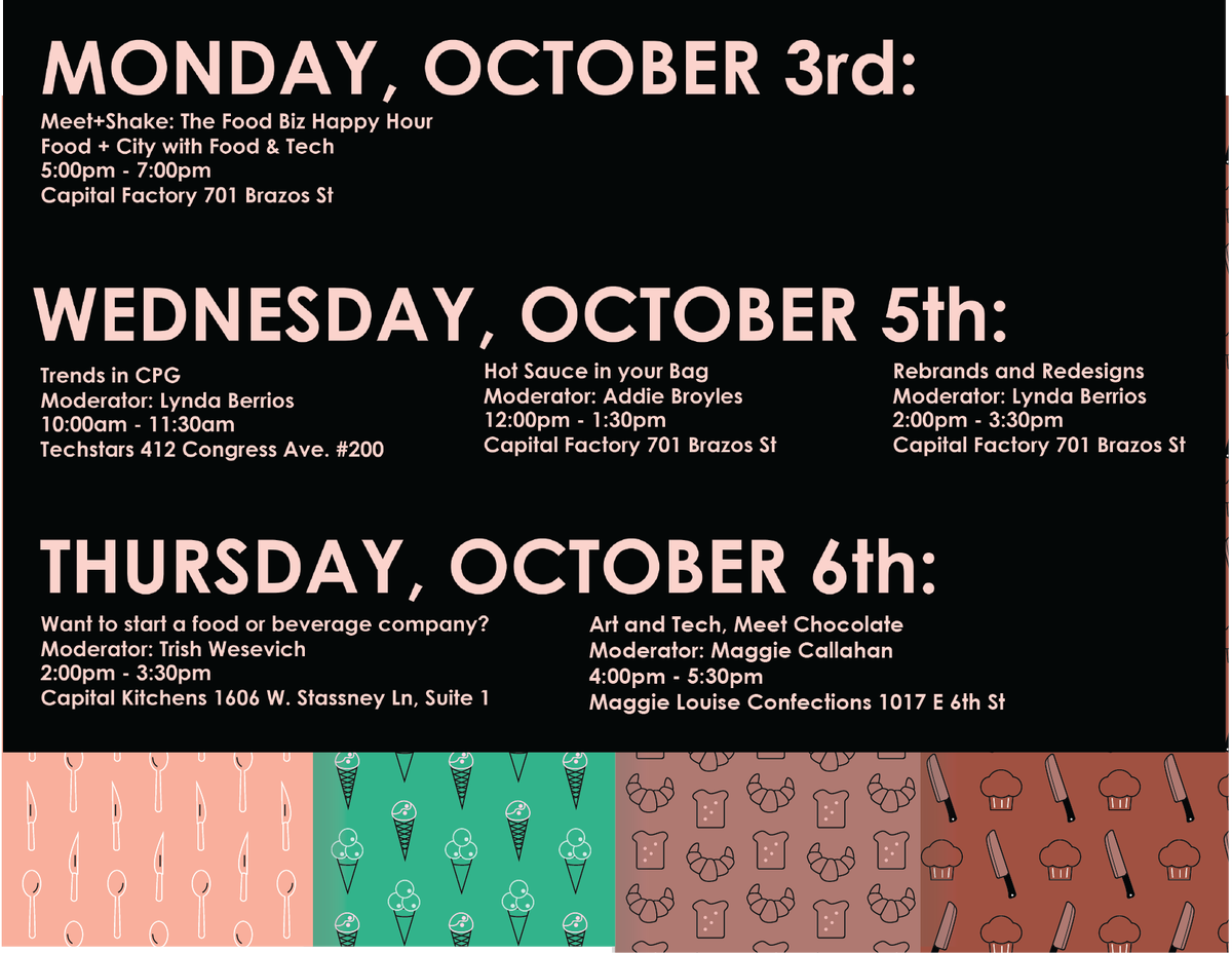 Come join us and <a href="/FoodCityOrg/">Food+City</a> this Mon 10/3 to mix and mingle with Austin Food Biz Folks! <a href="/CapitalFactory/">Capital Factory ⚙️</a> @ 5pm RSVP sched.co/8QF0