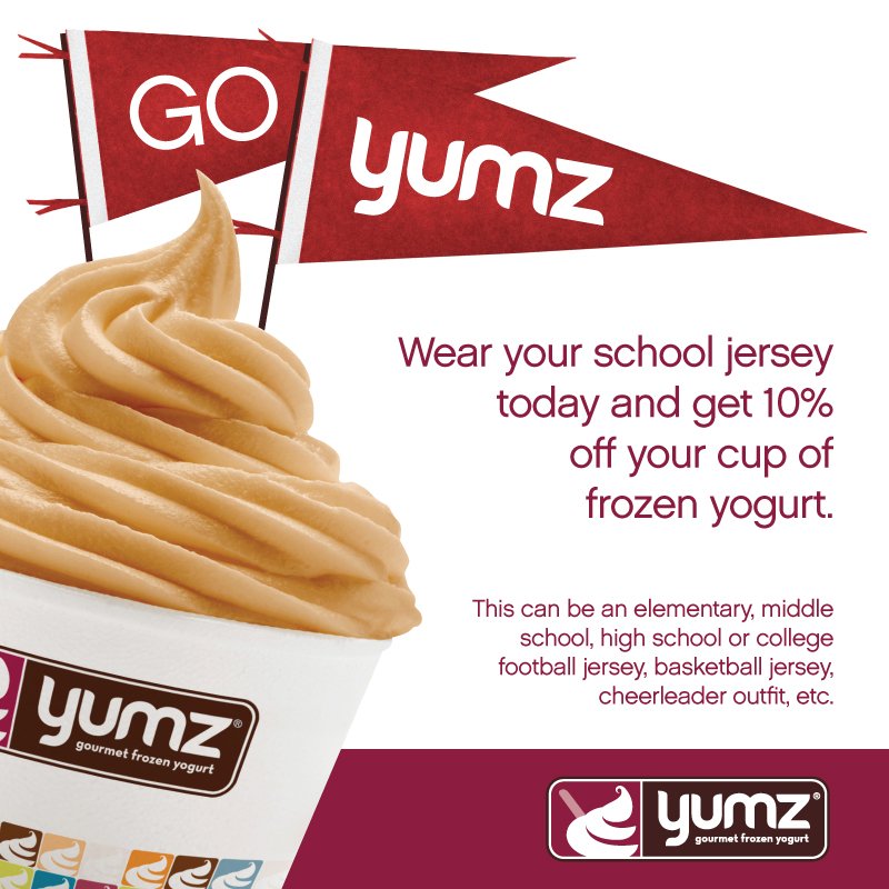 Show your school spirit by wearing any school jersey into Yumz today and you'll get 10% off.  Get ready for the big game with a cup of Yumz!