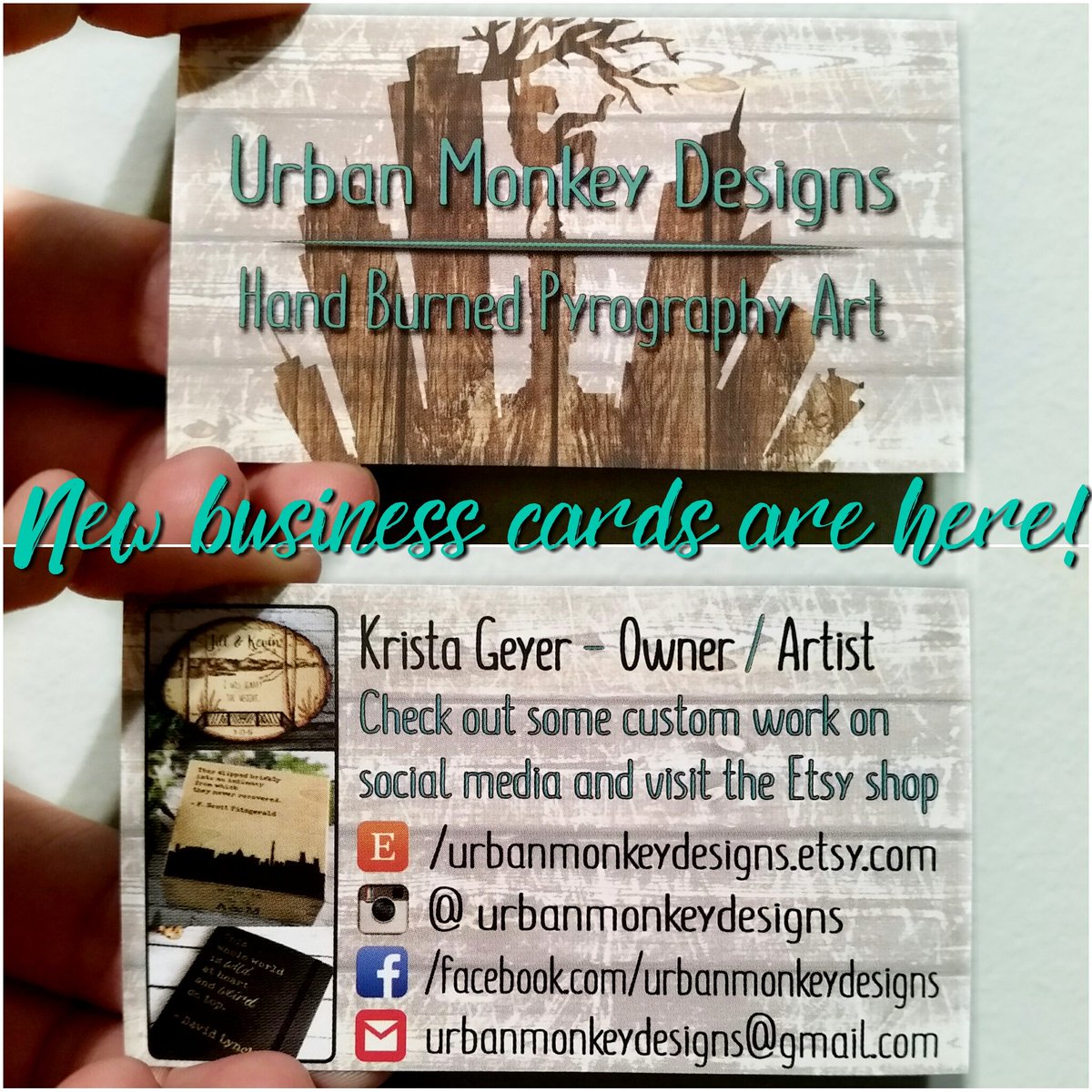 UrbanMonkeyPHL's tweet photo. My new #businesscards came in this week and I'm kind of in love with them 😍 what do you think?! #woodburning #etsy #philly #shopsmall https://t.co/HKalwlXA21