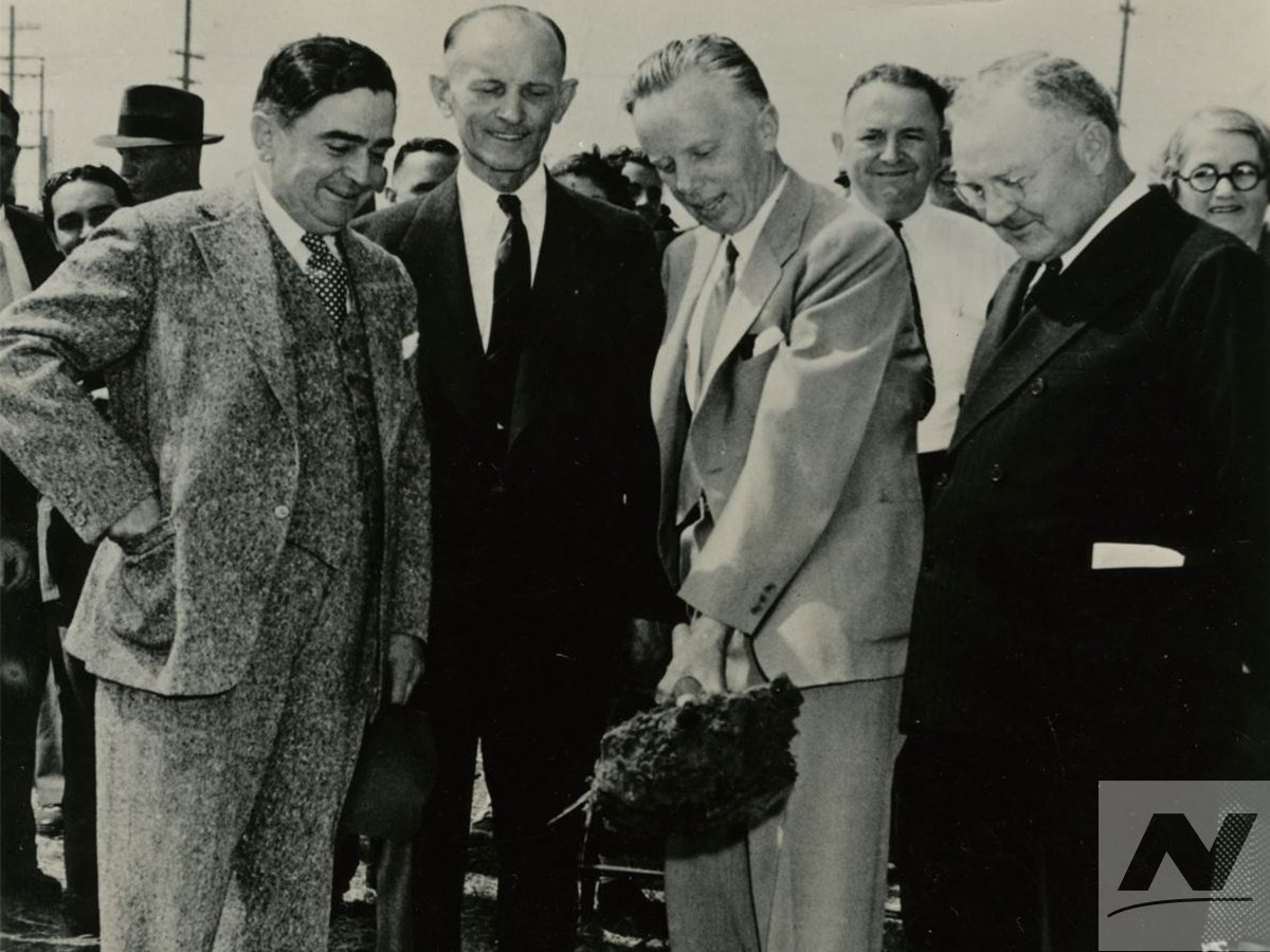northropgrumman's tweet photo. Ground was broken #OTD in 1939 for the new Northrop Aircraft, Inc. plant in Hawthorne, Calif. Jack Northrop turned the first shovel of dirt. https://t.co/cLRlU8EDEM