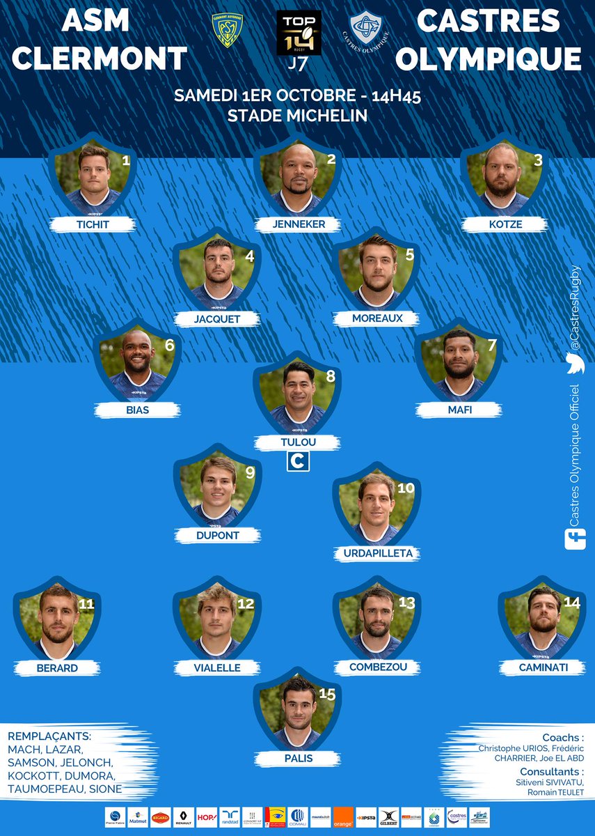 CastresRugby's tweet image. Voici le XV de départ qui affrontera @ASMOfficiel demain à 14h45 ! #ASMCO #TeamCO