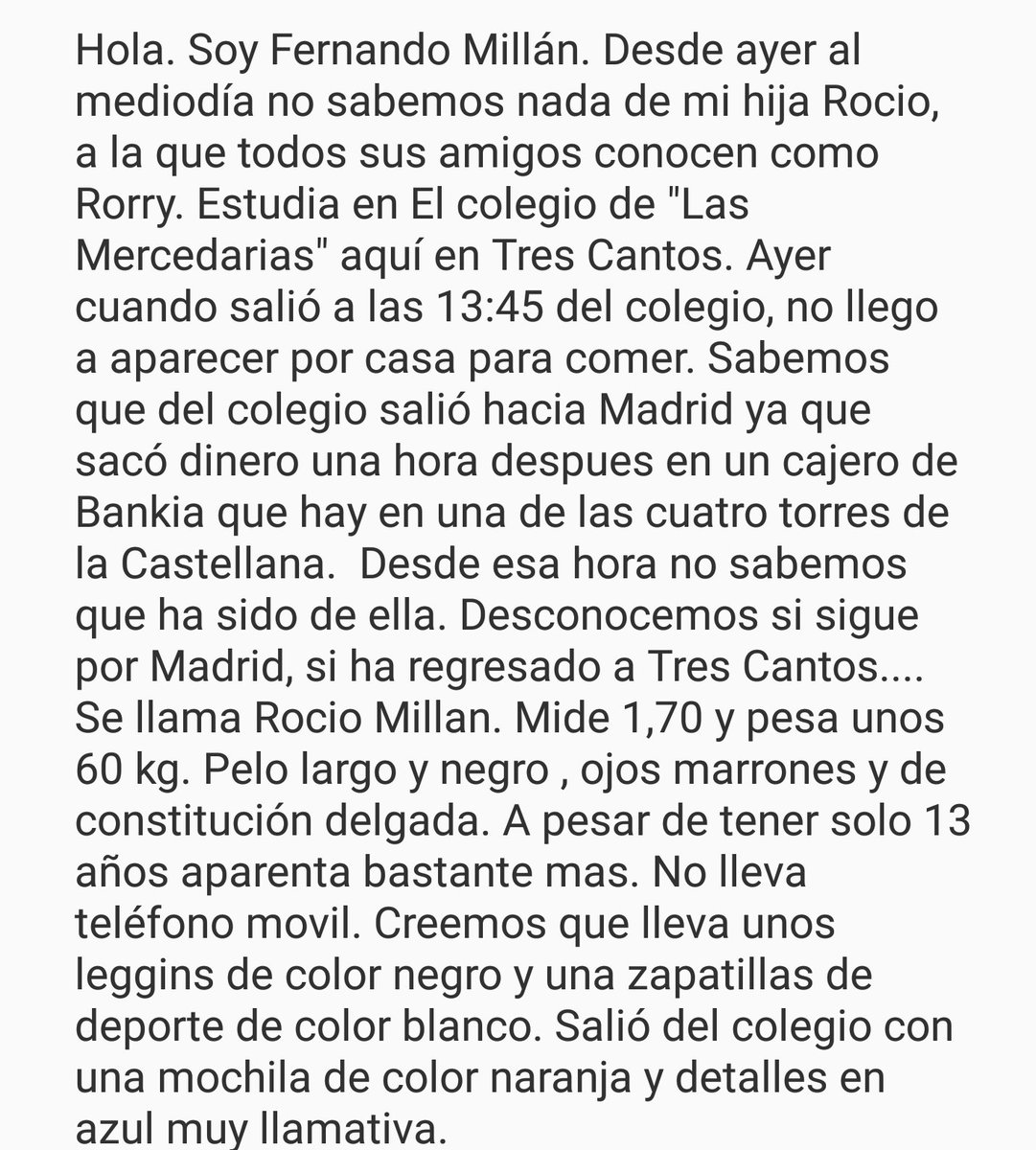 veronica_me_too's tweet photo. Niña desaparecida en Madrid. Si sabeis algo, poneros en contacto en: 661838774 / 670527578 / 918063494. RT por favor. https://t.co/t6QPcHMeCd