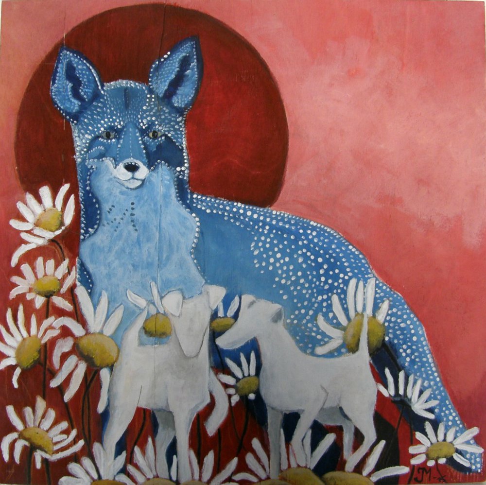 Posting again for the #colour_collective #kingsbluelight 'bluefox and his hunters', 30x30cm watercolour & gouache on plywood