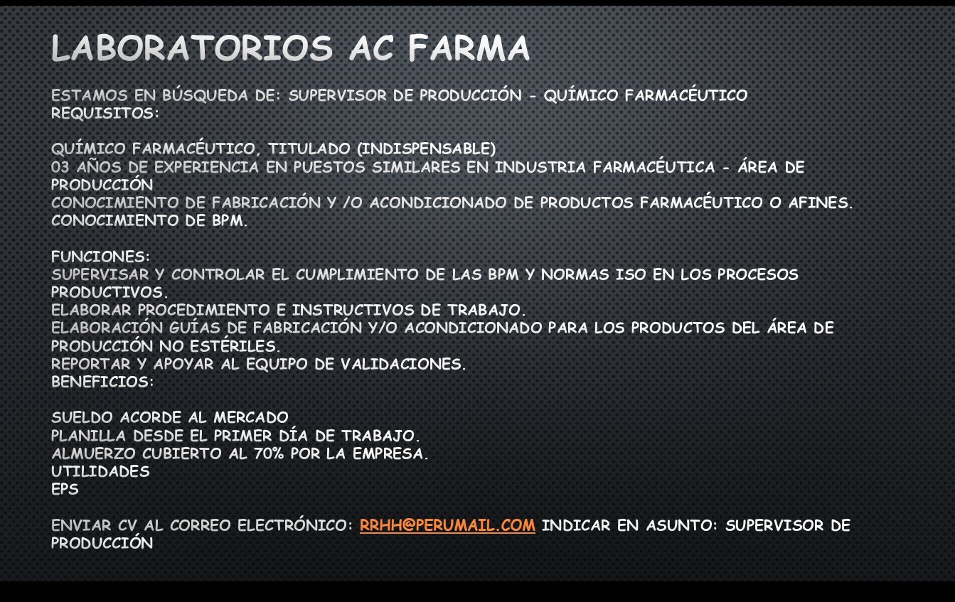 Bolsa de trabajo-SM al Twitter: "AC FARMA busca SUPERVISOR DE PRODUCCIÓN- QUÍMICO  FARMACÉUTICO! Aprovechen :) #FestiComu https://t.co/ZiRbHeR04h" / Twitter