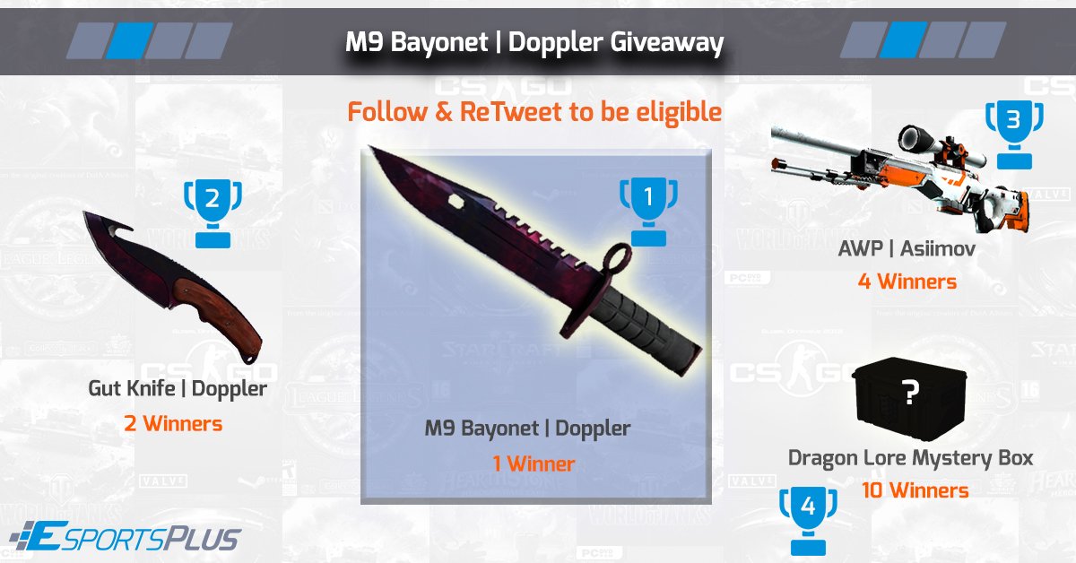 EsportsPlusFS's tweet photo. ★ M9 Bayonet &amp; Gut Knife | Doppler Giveaway ★ RT &amp; Follow to enter #CSGOgiveaway #CSGO ends Oct 31 https://t.co/UDVRyKMXZI  #EsportsPlus https://t.co/OZkcHZnbMY