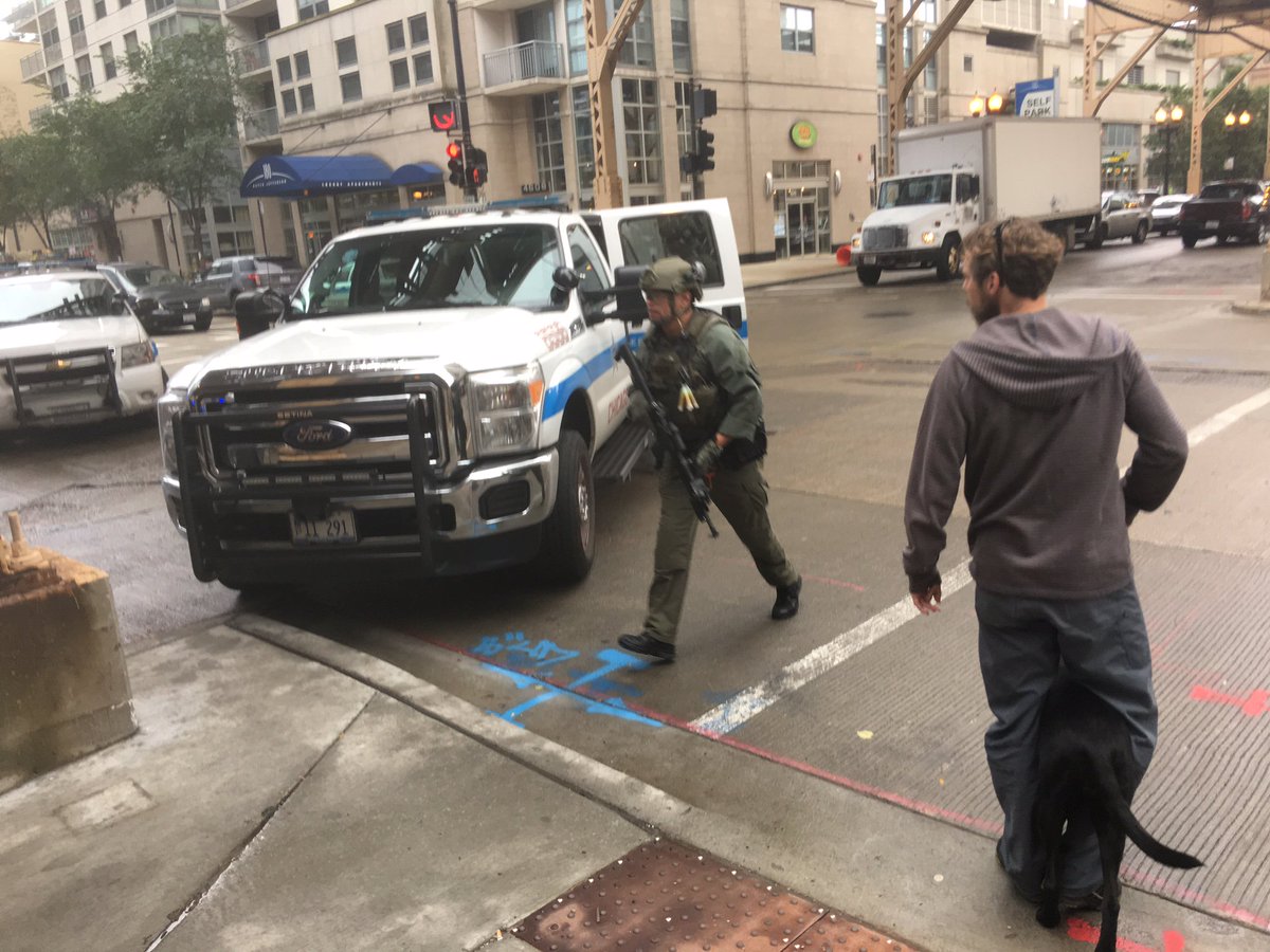 Heavy police presence at Clinton and Lake in downtown Chicago. Photo via @PaulKonrad