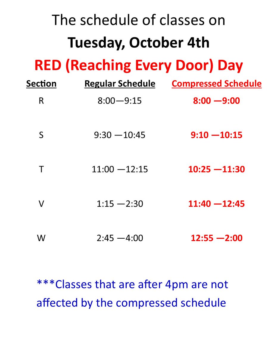 SFU_SADAS_FLI's tweet photo. REMINDER! RED DAY ON TUESDAY, OCTOBER 4TH!!! There will be a compressed class schedule #SFURedDay #compressedSchedule #DontMissClass https://t.co/5RrUnlmiCb