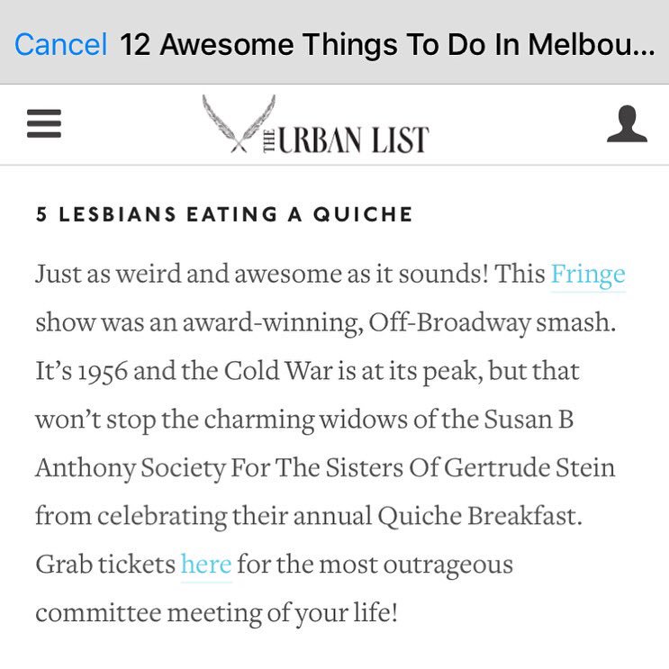 5LesbiansAUS's tweet photo. We are an AWESOME thing to do this weekend! @UrbanListMELB thinks so too! Last chance to see our #quiche tonight! @5leaqaus #melbfringe https://t.co/Wb24fz2959