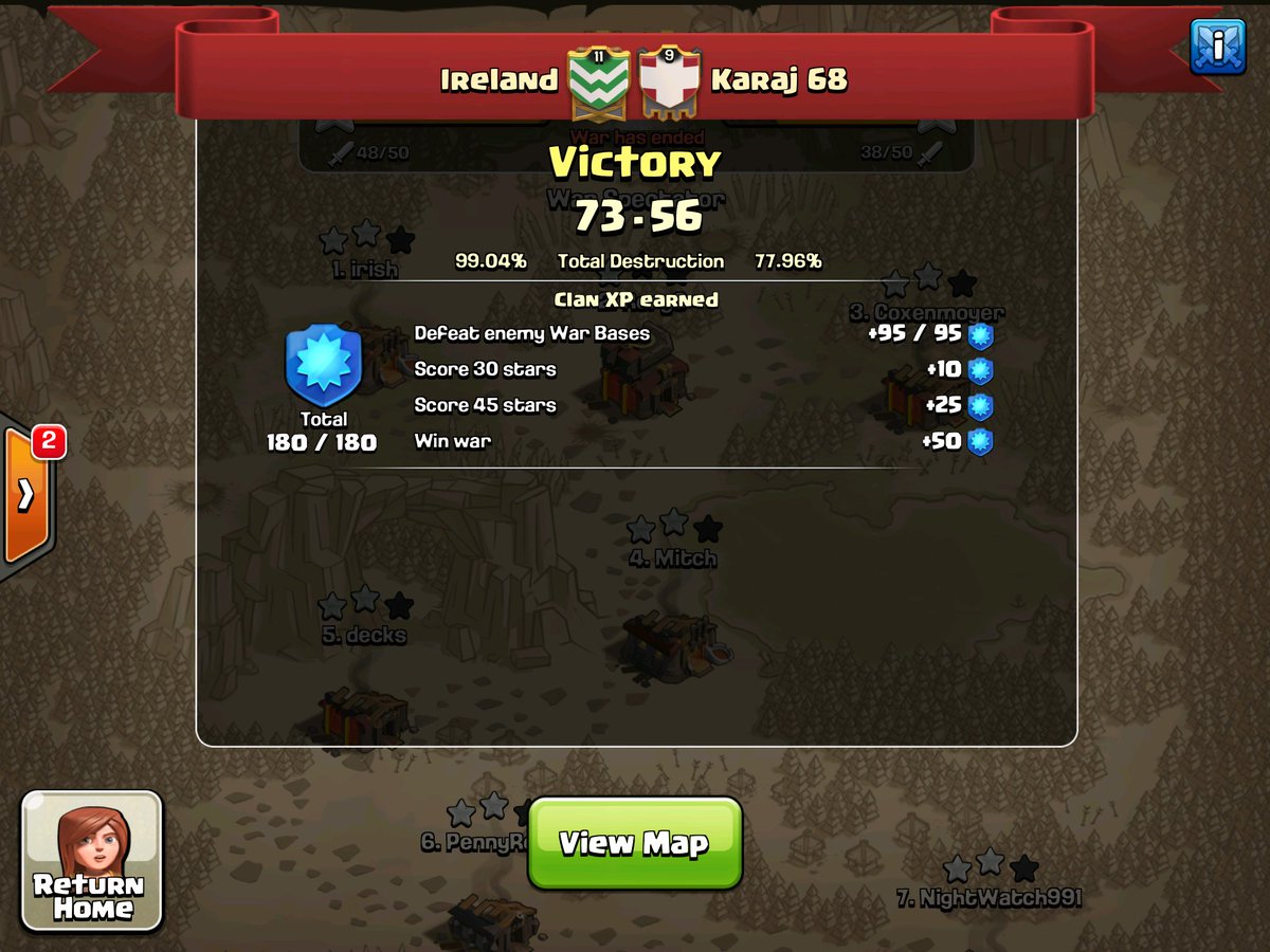 Irelandcoc's tweet photo. @ClashofClans  the week in review in clan Ireland, percentage steady 😀 n we r now members of the United war alliance busy week 💪💪 https://t.co/d3g4WK0tKa