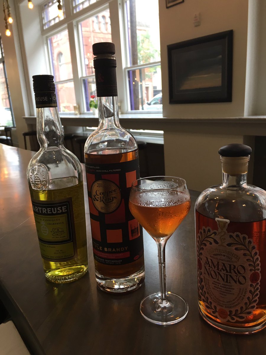 <a href="/CopperAndKings/">Copper And Kings</a> Apple Brandy, <a href="/chartreuseliq/">Chartreuse</a>, and Amaro Nonino. <a href="/MerchantBarDT/">Merchant Bar</a> cocktail of the day...the Copper Kettle