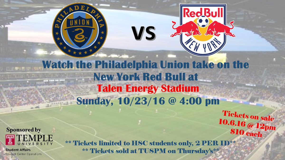 TempleSFC's tweet photo. Tickets for the 10.23 Philadelphia Union versus New York Red Bull game go on sale Thursday 10.6.16 @ 12pm! $10 each & 2 per TUID #TempleHSC https://t.co/kMRPTlDn4x