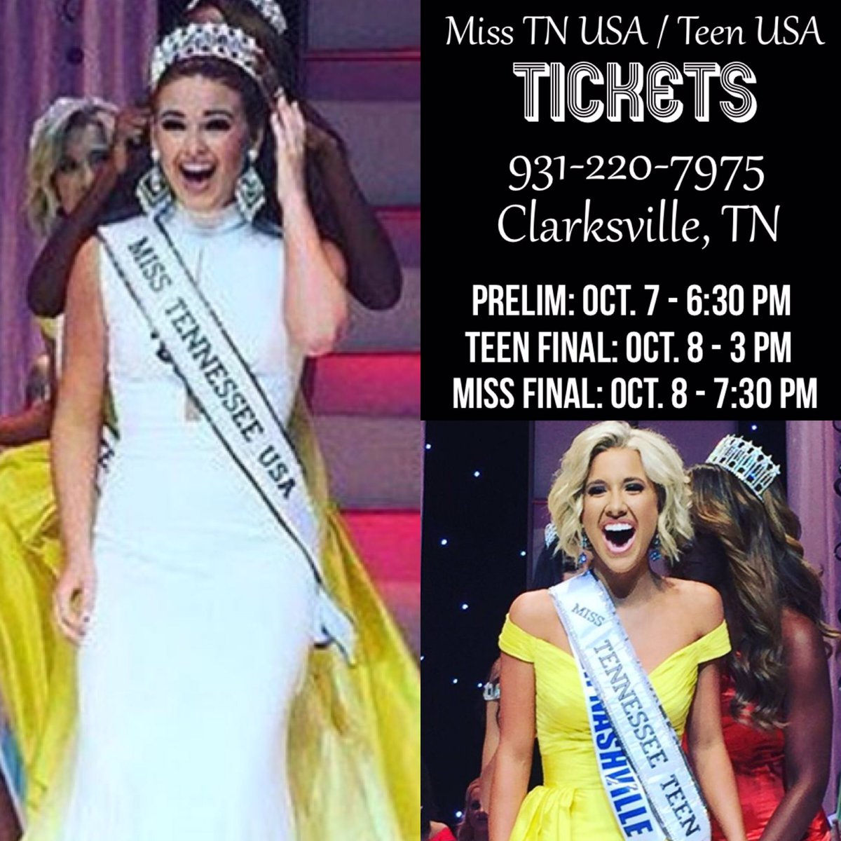 GWP_USA's tweet photo. Who's coming to Clarksville for 2017 #MissTNUSA | #MissTNTeenUSA? 🙋🏽Purchase tickets here: https://t.co/j9YHXKUV81 https://t.co/wsTjzqW0ge