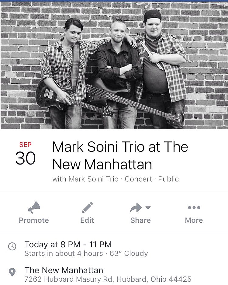 MarkSoini's tweet photo. Tonight! @ The New Manhattan in #Hubbard #Ohio 8-11! #themarksoinitrio @DrinkUpYtown @sammorrisrocks @jefffoos https://t.co/jB2UvD4bkM
