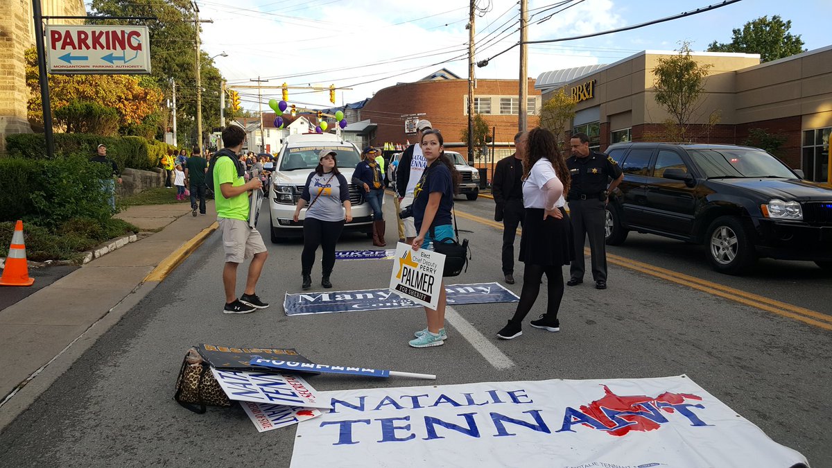 Preparing for <a href="/WestVirginiaU/">WVU Mountaineers · Let’s Go!</a> Homecoming Parade with @wvuyoungdems. Excitement is building. #wvpol
