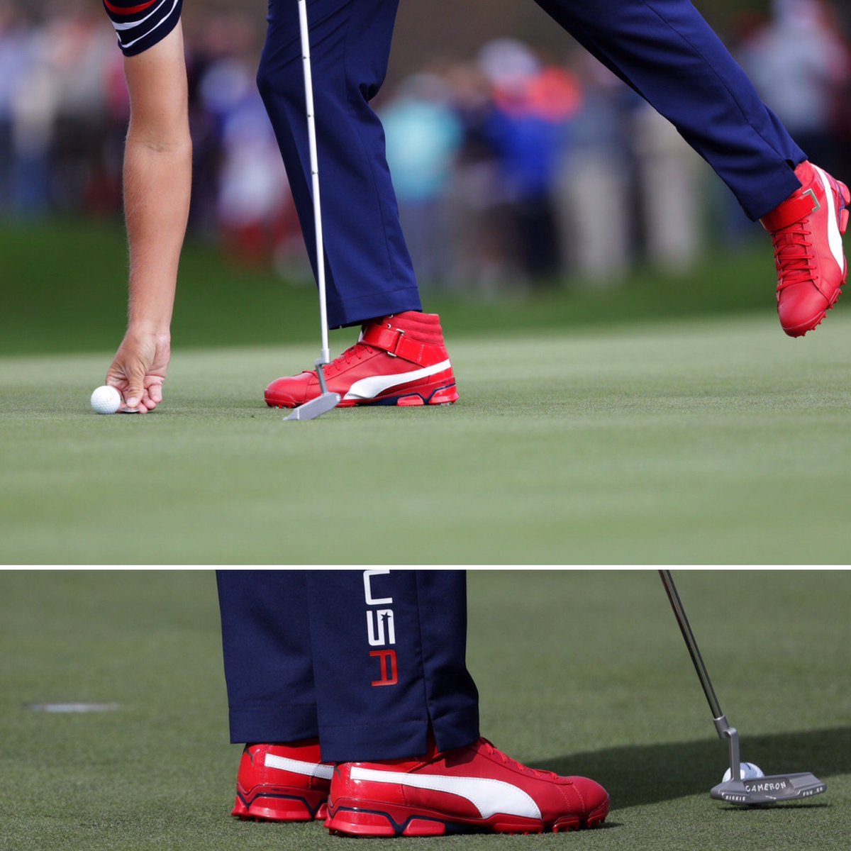howtheprosroll's tweet photo. .@RickieFowler absolutely styling in his #rydercup colorway @PUMA Titantour Ignite Hi-Top SE kicks 🔥🔥#pga #usga #puma #okstate #osu #htpr https://t.co/xkkATJJiaZ