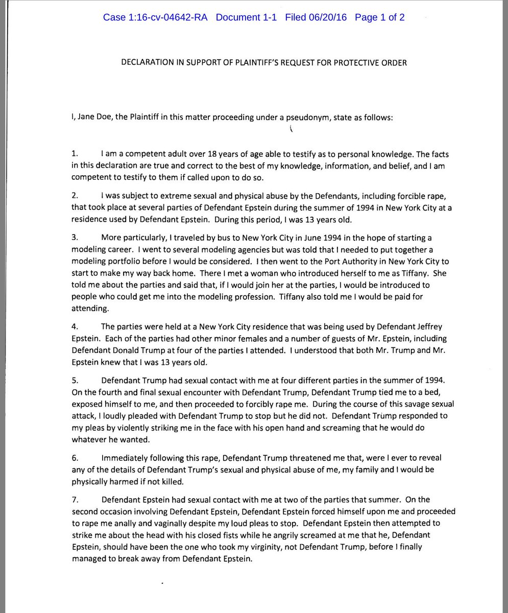 BryanDawsonUSA's tweet image. Additional witnesses come forward. Court case re-filed alleging #Trump raped 13-yo girl.

courthousenews.com/2016/09/30/rap…