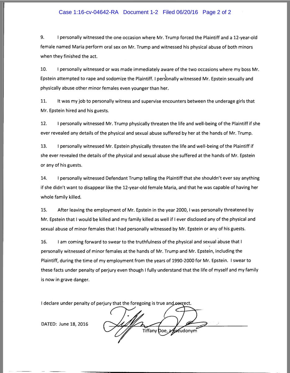 BryanDawsonUSA's tweet image. Additional witnesses come forward. Court case re-filed alleging #Trump raped 13-yo girl.

courthousenews.com/2016/09/30/rap…