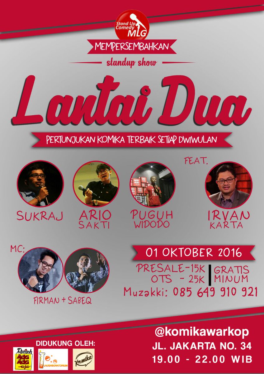 StandUpIndo_MLG's tweet photo. Hari ini, mini show #LantaiDua digelar !!
Open gate 18.00 wib
Di #Laughboratorium Jl Jakarta no.34 Malang https://t.co/lQ7nZHEUVb