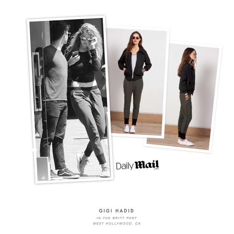 linedrybrand's tweet photo. Gigi Hadid wearing the Britt Trouser Sweats. #fbf

#linedry #celebfans #gigihadid #armygreen #handfeel #versatility  #comfort #madeinnyc https://t.co/4MLNnQ7LPc