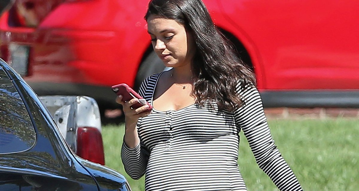 JustJared's tweet photo. Mila Kunis accentuated her baby bump in a cute striped dress while out and about today! https://t.co/R1NP7wrfx6 https://t.co/lazKyOyL3J