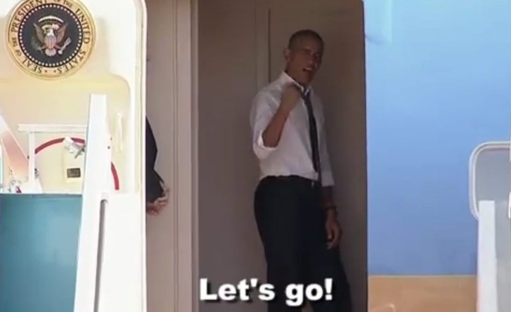 captures Obama beckoning a dawdling Bill Clinton to hurry up and get on Air Force One