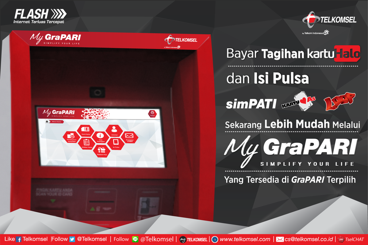 Telkomsel's tweet photo. Bayar tagihan kartuHalo ataupun isi ulang pulsa bisa kamu lakukan di mesin MyGraPARI. #TselInfo https://t.co/NcoTmIVtvm
