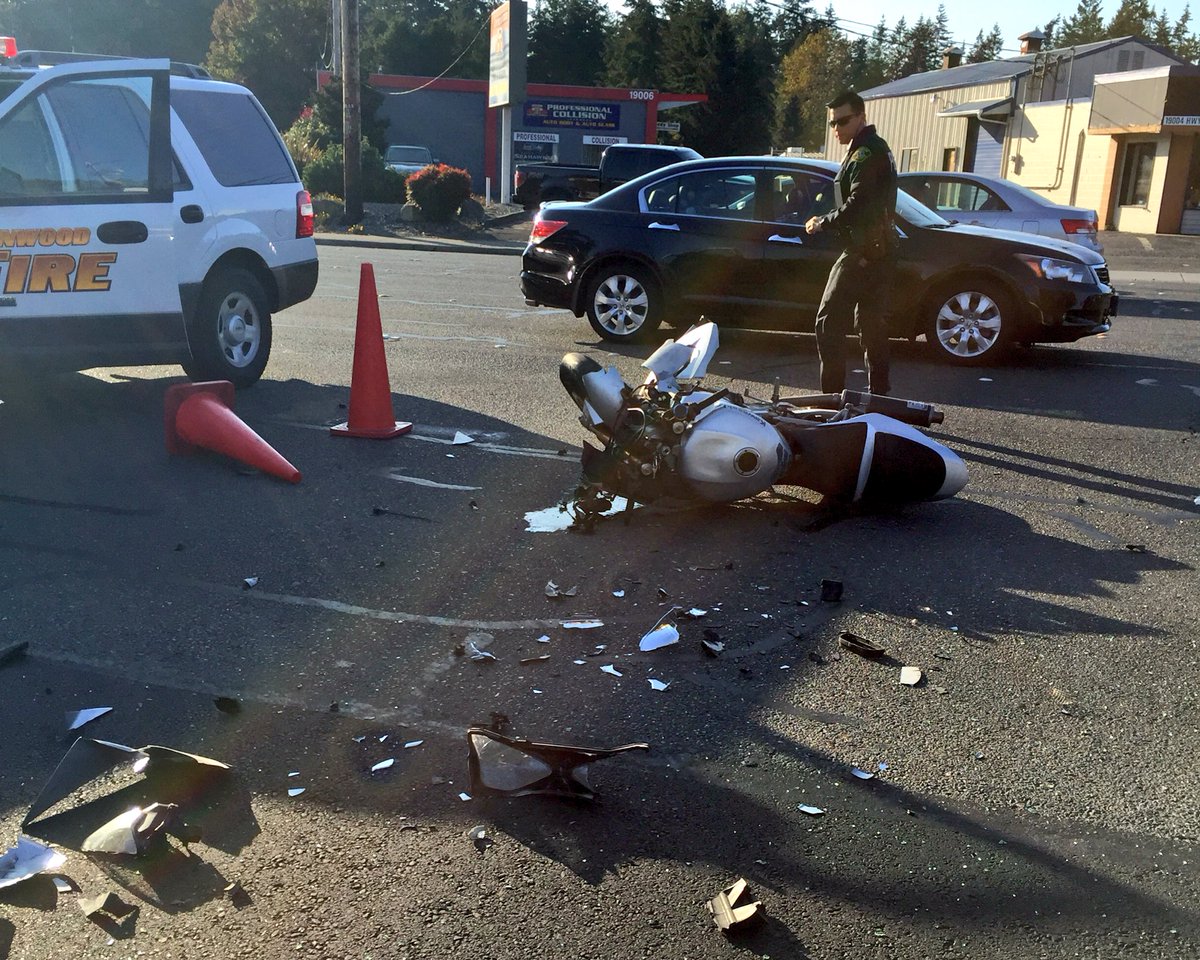 Car vs motorcycle 19000 blk Hwy 99, motorcyclist transported to Harborview with serious injuries