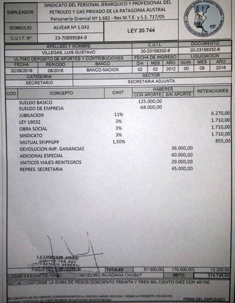 A propósito del sueldo del presidente de la nación de $173 mil. El sueldo de un gremialista K del sindicato de petroleros.