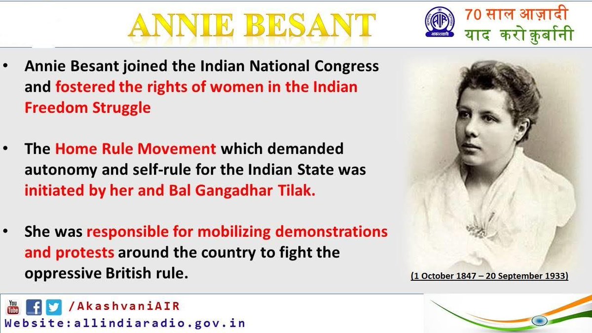 AkashvaniAIR's tweet photo. #bornonthisday 
Tribute to woman who fostered rights of women in Indian Freedom Struggle on her birth anniversary today
#AnnieBesant https://t.co/wWLEiUYUbO
