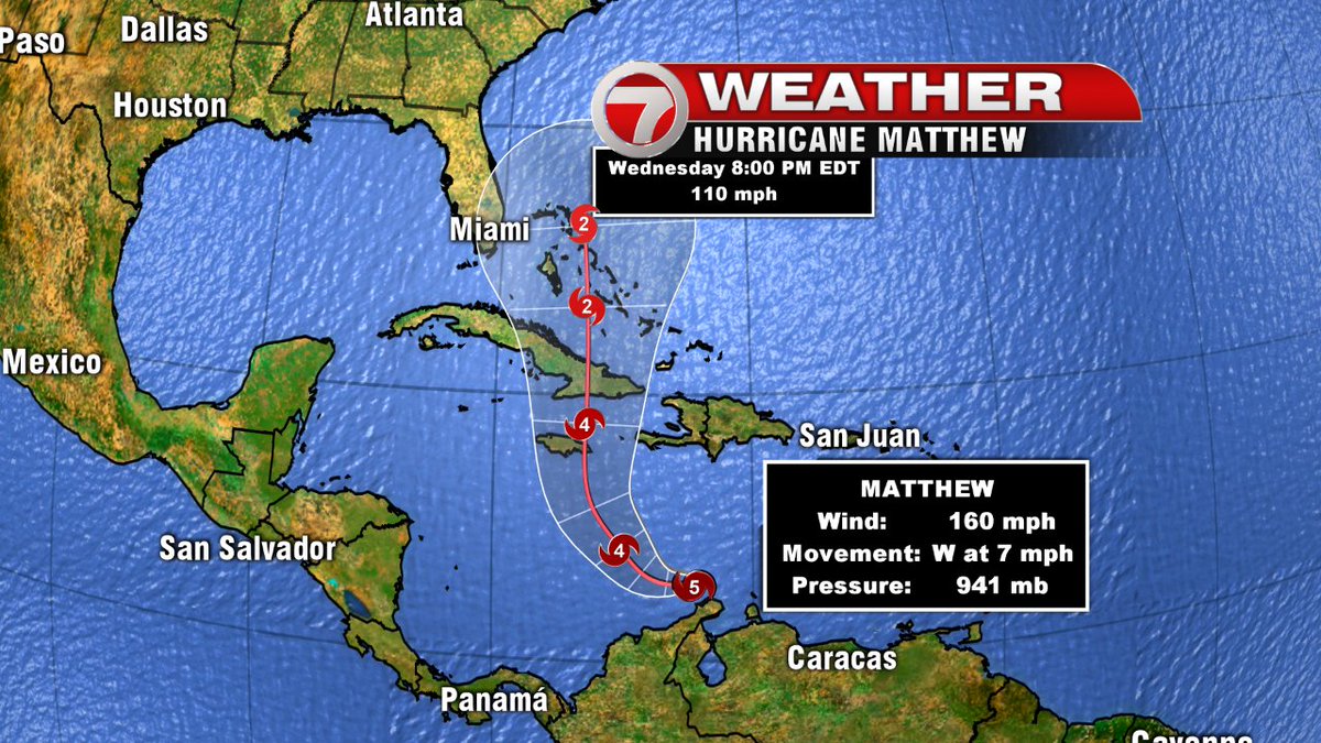 Wow! Hurricane Matthew now a Category 5! Massive storm. Latest forecast track from the NHC
