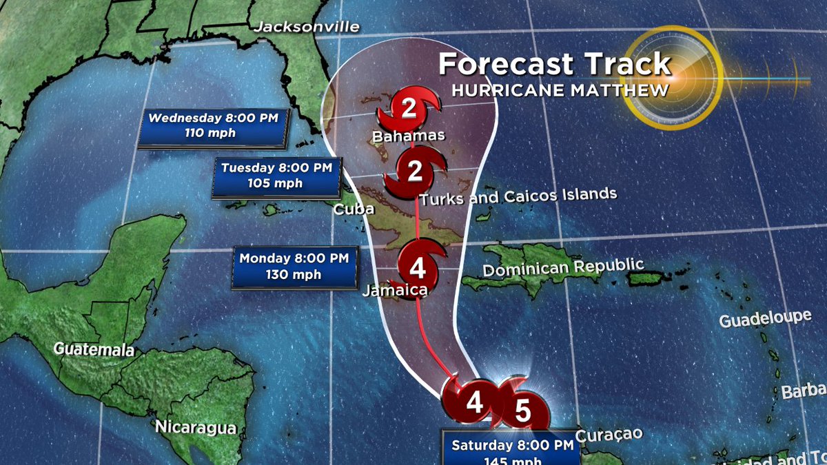 Hurricane Matthew track shows it as a category 4 when it moves past Jamaica Monday. wbz