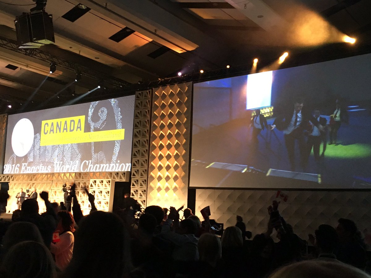 EnactusECU's tweet photo. #ICMY @EnactusCAN are the 2016 World Cup champions! Congratulations Enactus Memorial! #weallwin #EnactusWorldCup https://t.co/aOdCGrtOuj