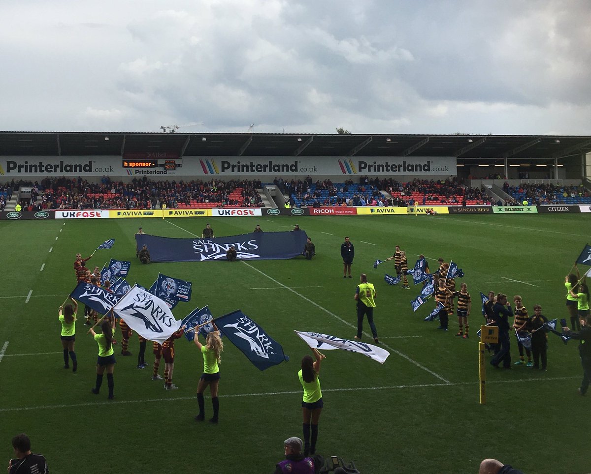 KarsDuck's tweet photo. Looking forward to the match in our home from home! @SaleSharksRugby @Sale_Shark #AJBell #sharksvtigers https://t.co/aV4qNVWLqd