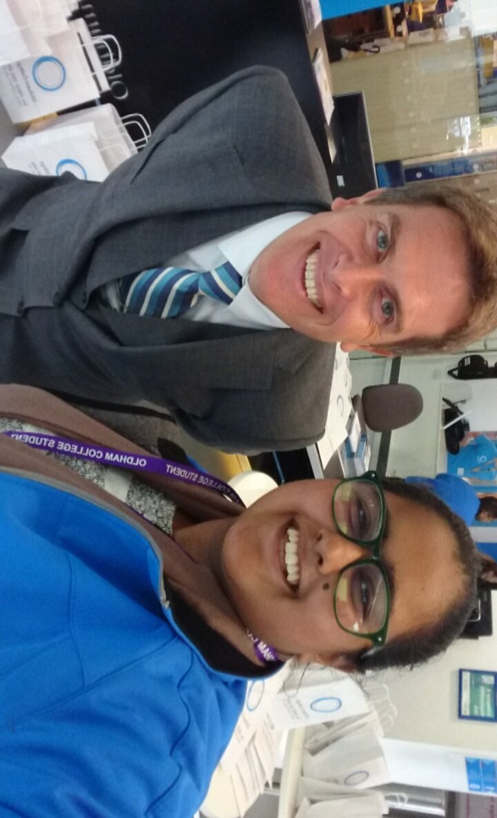 ShepleySam's tweet photo. Selfie time for @AniqahNessa and @SamBreckell at the @OldhamCollege Open Day today! VP meets Law VIP! #OCLaw16 #NotMoreSchool https://t.co/jr7U7F4xRw