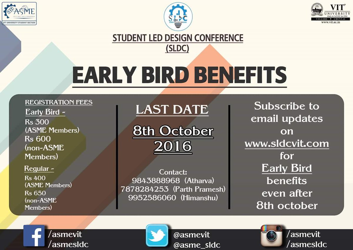 ASMEVIT's tweet photo. #EarlyBirdBenefits
#SUBSCRIBE_NOW
#SLDC2016
#VIT_UNIVERSITY
#ASMEVIT https://t.co/0rdOdeM6o4