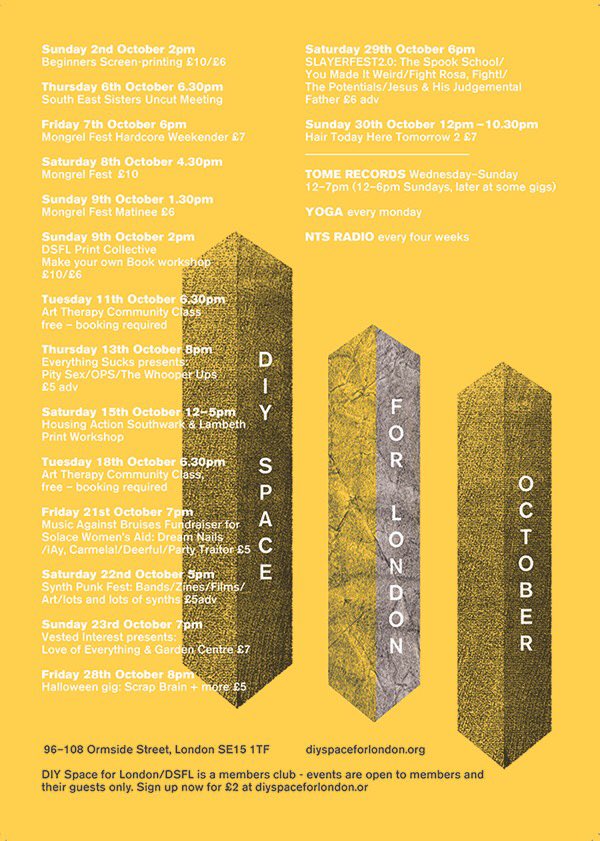 diyspace4london's tweet image. Our October listings! designed by DSFL Community Room resident @rose_nordin of @oomkzine. Please share and circulate!