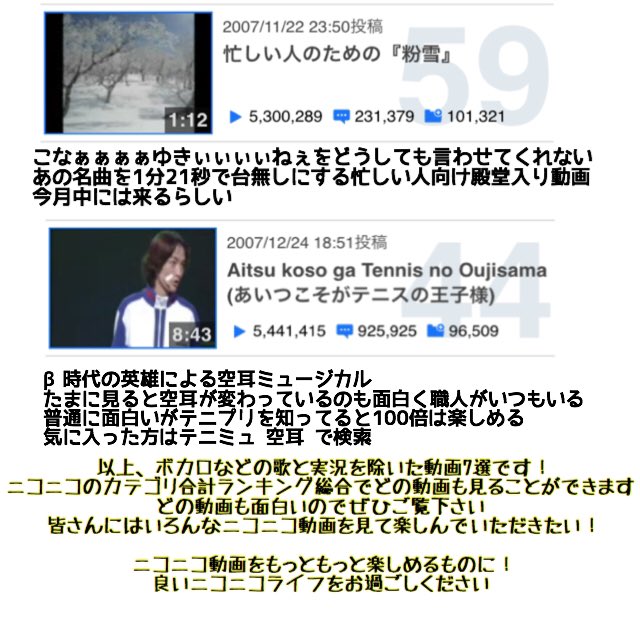 クリスマスの残りカス Twitterren ニコニコ動画好きによるニコニコ動画プレゼン 実況者好きの皆さん あなたは実況や歌ってみた以外の動画 を見たことがありますか 古き良きニコニコらしいニコニコ動画はどれも面白いものです 今回はカテゴリ合計ランキング総合で