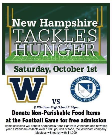 Reminder: <a href="/Jaguar_Football/">Windham Football</a> game v <a href="/STA_Athletics/">St. Thomas Aquinas High School Athletics</a> is at 2:30 (SAT's). Bring 3 canned goods for #NHTacklesHunger~get in free #GivingBack