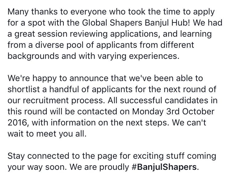 Exciting times for us! We can't wait to meet our finalists. Stay connected. #BanjulShapers