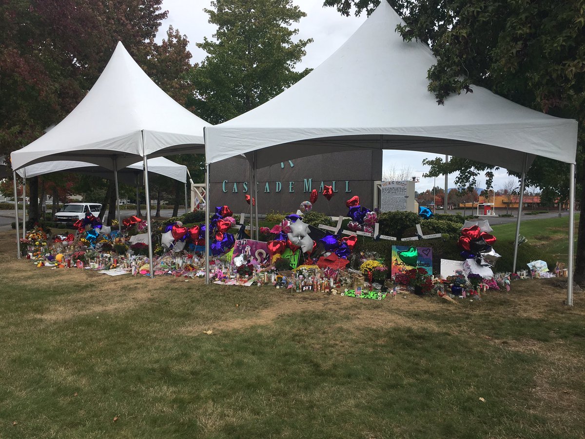 Tents now cover the large memorial at the front entrance to the Cascade Mall in Burlington. komonews